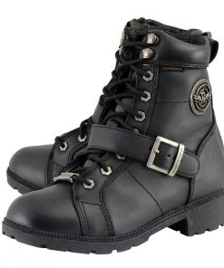 Milwaukee Leather MBL9326WP Women's Black Lace-Up Waterproof Leather Boots With Side Zippers Riding Gear