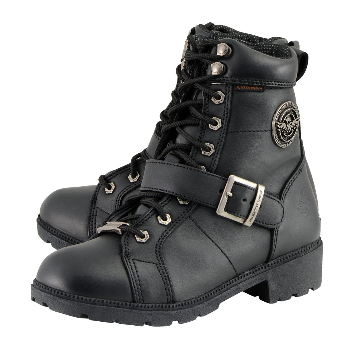 Milwaukee Leather MBL9326WP Women's Black Lace-Up Waterproof Leather Boots With Side Zippers Riding Gear