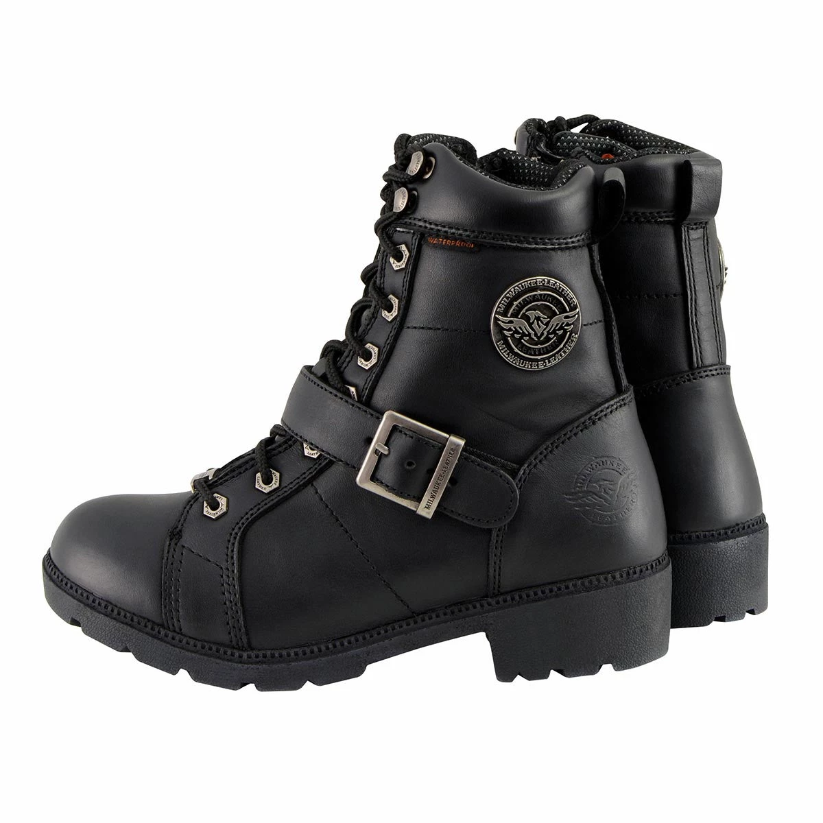 Milwaukee Leather MBL9326WP Women's Black Lace-Up Waterproof Leather Boots With Side Zippers Riding Gear