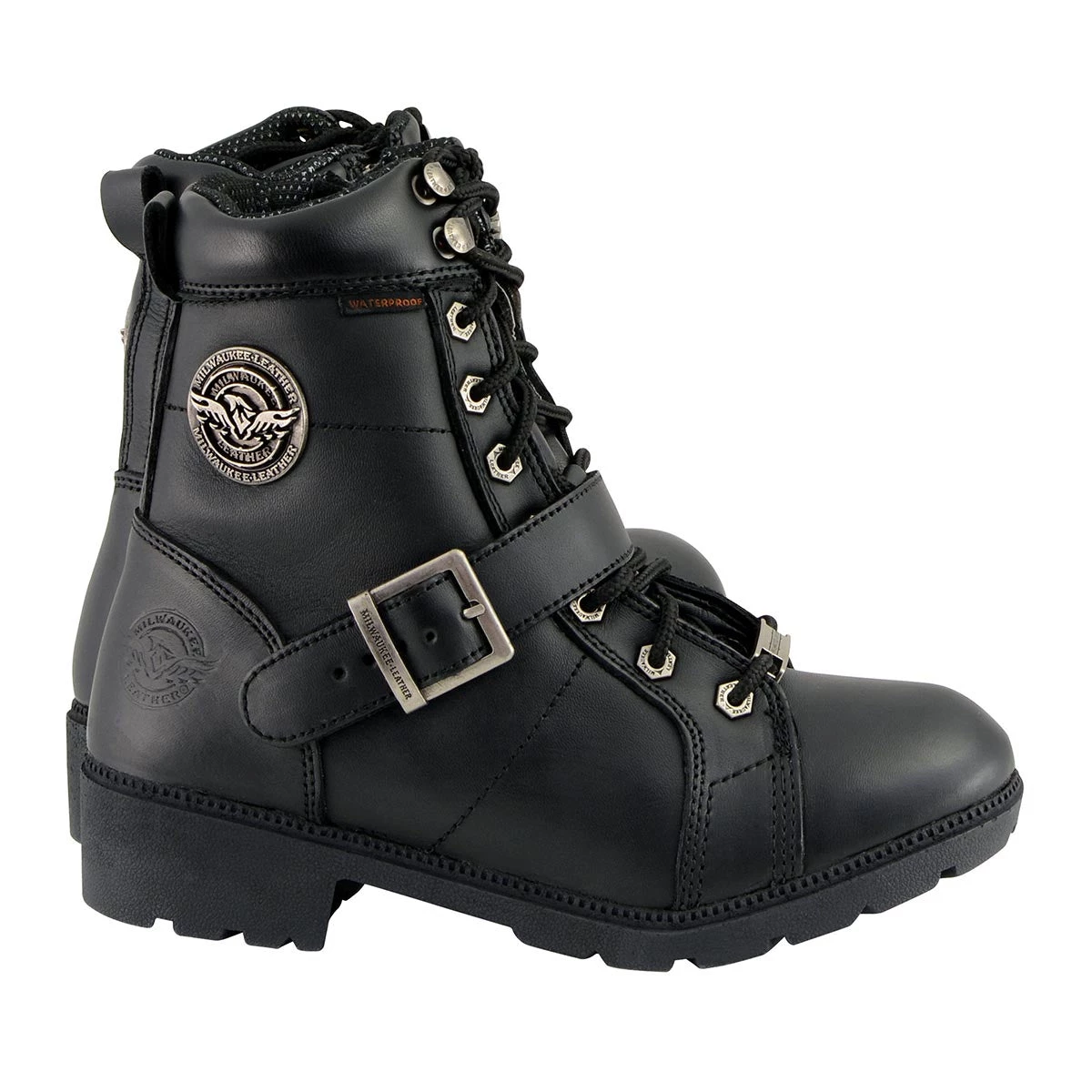 Milwaukee Leather MBL9326WP Women's Black Lace-Up Waterproof Leather Boots With Side Zippers Riding Gear