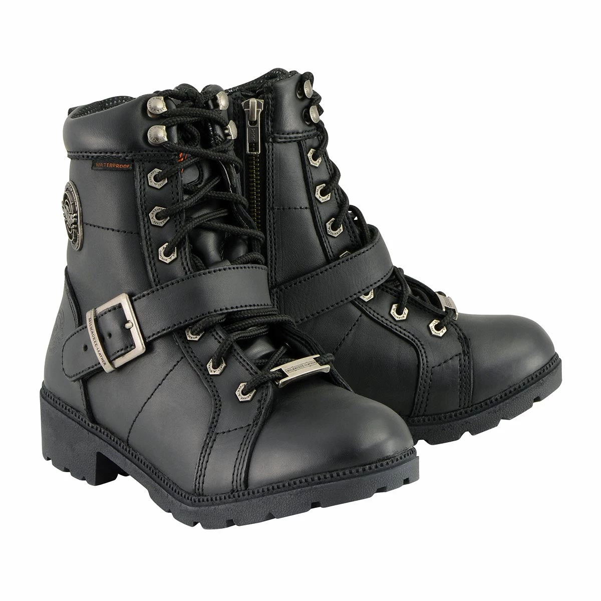 Milwaukee Leather MBL9326WP Women's Black Lace-Up Waterproof Leather Boots With Side Zippers Riding Gear