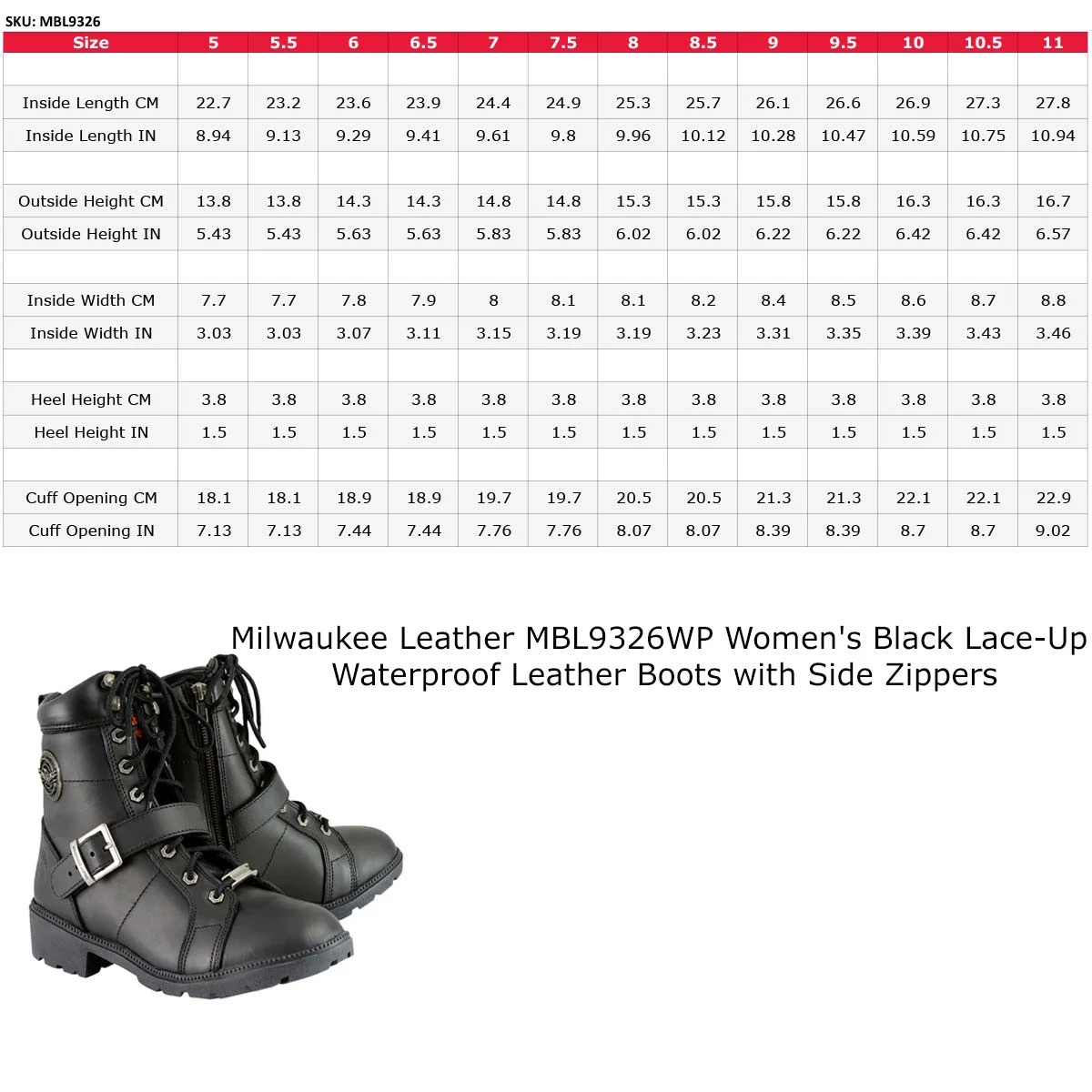 Milwaukee Leather MBL9326WP Women's Black Lace-Up Waterproof Leather Boots With Side Zippers Riding Gear