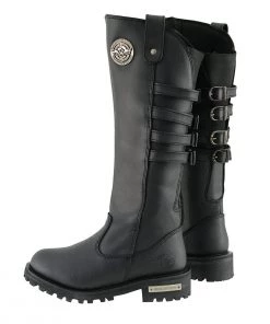 Milwaukee Leather MBL9345 Women's Black 15-inch High Rise Leather Riding Boots With Four Calf Buckles