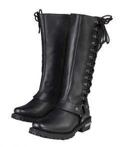 Riding Gear Milwaukee Leather MBL9365 Ladies Black 14-Inch Classic Harness Square Toe Leather Tall Boots With Lacing Detail