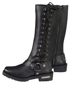 Riding Gear Milwaukee Leather MBL9365 Ladies Black 14-Inch Classic Harness Square Toe Leather Tall Boots With Lacing Detail