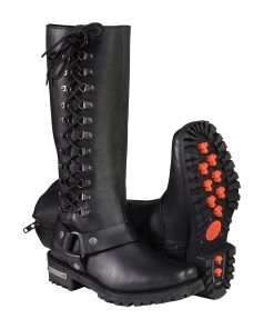 Riding Gear Milwaukee Leather MBL9365 Ladies Black 14-Inch Classic Harness Square Toe Leather Tall Boots With Lacing Detail