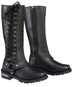 Riding Gear Milwaukee Leather MBL9365 Ladies Black 14-Inch Classic Harness Square Toe Leather Tall Boots With Lacing Detail