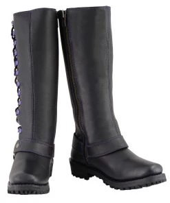 Milwaukee Leather MBL9366 Ladies Black 14-inch Leather Harness Boots With Purple Accent Lacing Riding Gear