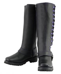 Milwaukee Leather MBL9366 Ladies Black 14-inch Leather Harness Boots With Purple Accent Lacing Riding Gear