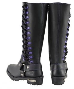 Milwaukee Leather MBL9366 Ladies Black 14-inch Leather Harness Boots With Purple Accent Lacing Riding Gear
