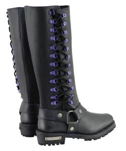 Milwaukee Leather MBL9366 Ladies Black 14-inch Leather Harness Boots With Purple Accent Lacing Riding Gear