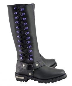 Milwaukee Leather MBL9366 Ladies Black 14-inch Leather Harness Boots With Purple Accent Lacing Riding Gear