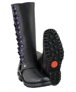 Milwaukee Leather MBL9366 Ladies Black 14-inch Leather Harness Boots With Purple Accent Lacing Riding Gear