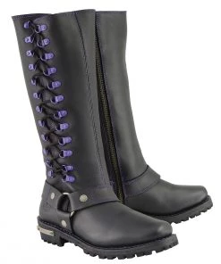 Milwaukee Leather MBL9366 Ladies Black 14-inch Leather Harness Boots With Purple Accent Lacing Riding Gear