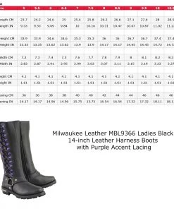Milwaukee Leather MBL9366 Ladies Black 14-inch Leather Harness Boots With Purple Accent Lacing Riding Gear