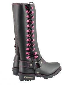 Milwaukee Leather MBL9367 Women's Black 14-inch Leather Harness Boots With Fuchsia Accent Lacing Riding Gear