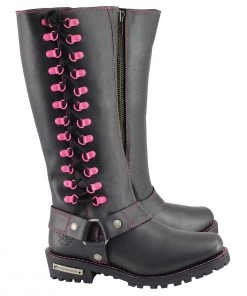 Milwaukee Leather MBL9367 Women's Black 14-inch Leather Harness Boots With Fuchsia Accent Lacing Riding Gear