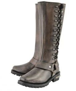 Milwaukee Leather MBL9368 Ladies Distressed Brown 14-inch Classic Harness Square Toe Boots Riding Gear