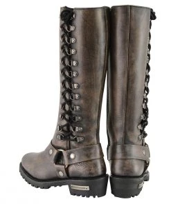 Milwaukee Leather MBL9368 Ladies Distressed Brown 14-inch Classic Harness Square Toe Boots Riding Gear