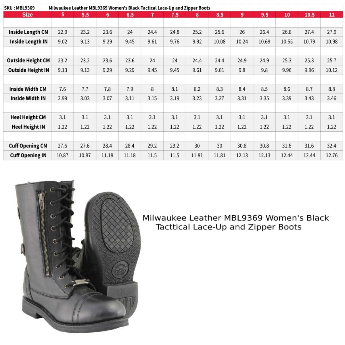 Riding Gear Milwaukee Leather MBL9369 Women's ‘Graze’ Black Leather Lace-Up Boots With Zipper Pocket