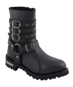 Milwaukee Leather MBL9399 Women's 9 Inch Black Triple Buckle Leather Harness Boots With Side Zipper Entry