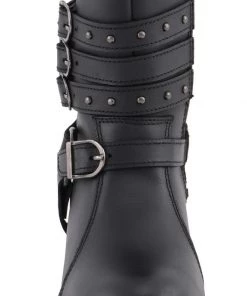 Milwaukee Leather MBL9399 Women's 9 Inch Black Triple Buckle Leather Harness Boots With Side Zipper Entry