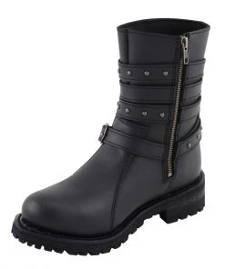 Milwaukee Leather MBL9399 Women's 9 Inch Black Triple Buckle Leather Harness Boots With Side Zipper Entry