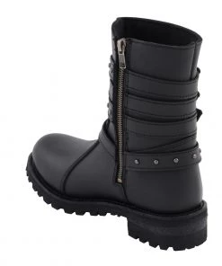 Milwaukee Leather MBL9399 Women's 9 Inch Black Triple Buckle Leather Harness Boots With Side Zipper Entry