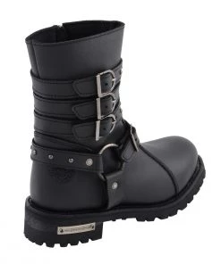 Milwaukee Leather MBL9399 Women's 9 Inch Black Triple Buckle Leather Harness Boots With Side Zipper Entry