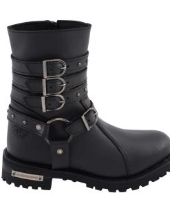 Milwaukee Leather MBL9399 Women's 9 Inch Black Triple Buckle Leather Harness Boots With Side Zipper Entry