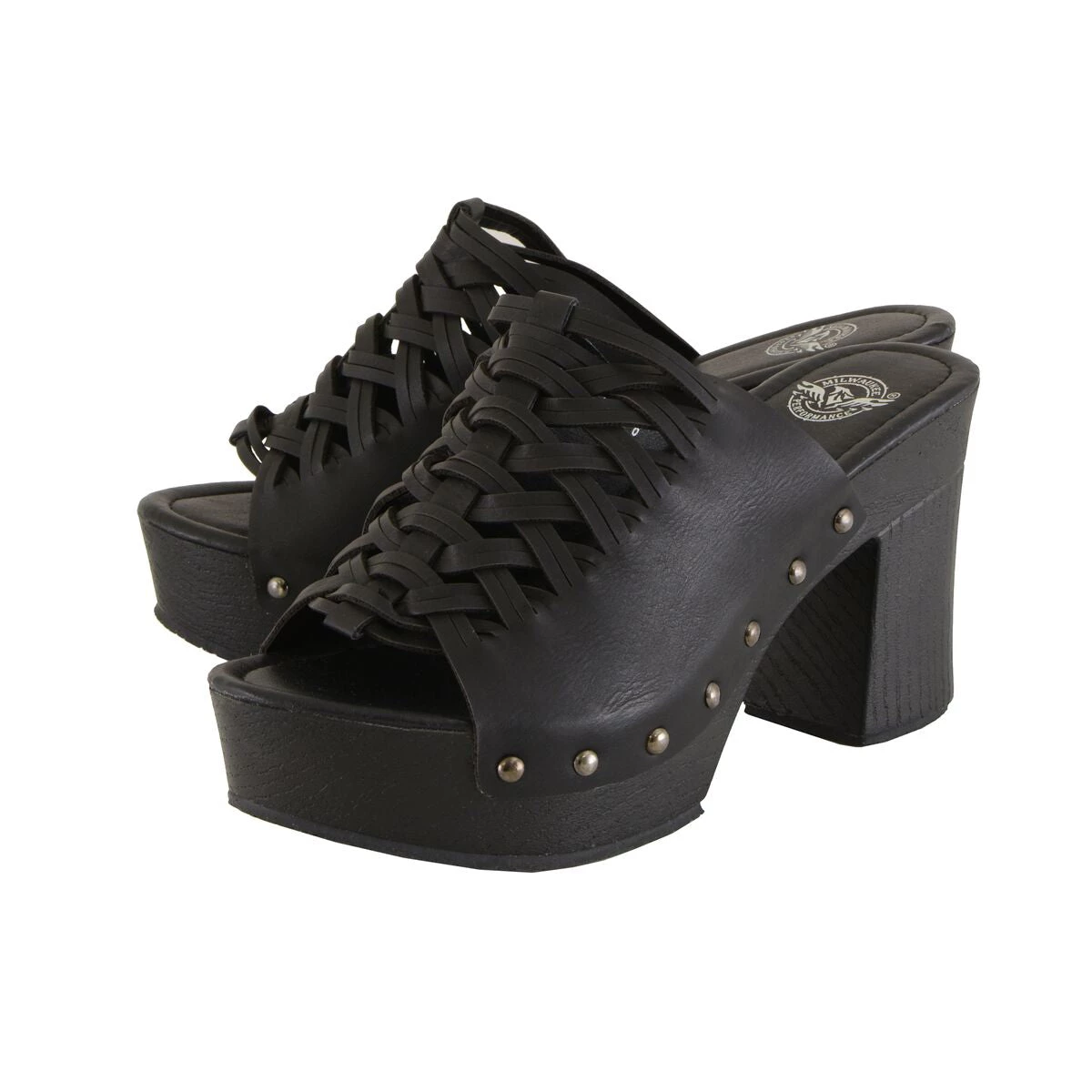 Milwaukee Performance Milwaukee Leather MBL9410 Women's Black Open Toe Platform Wedges With Studs Riding Gear