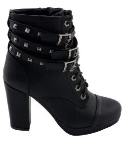 Riding Gear Milwaukee Performance MBL9417 Women's Black Lace-Up Boots With Triple Strap Studded Accents