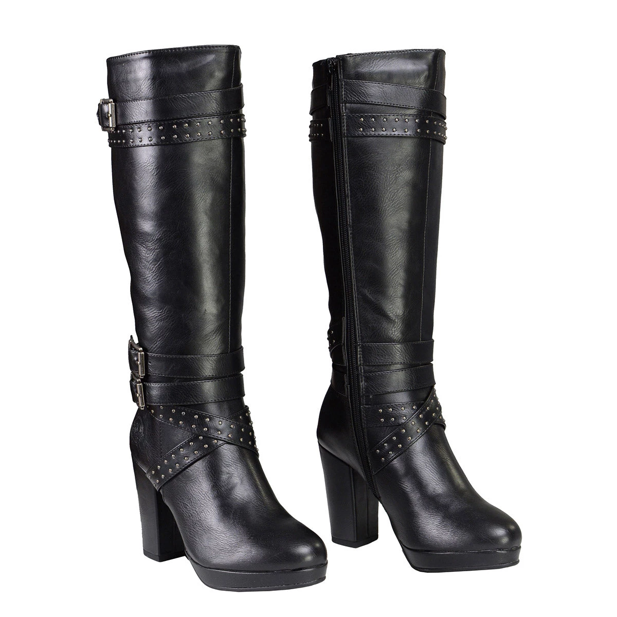 Milwaukee Performance Riding Gear Milwaukee Leather MBL9422 Women's Tall Black Studded Strap Boots With Platform Heel