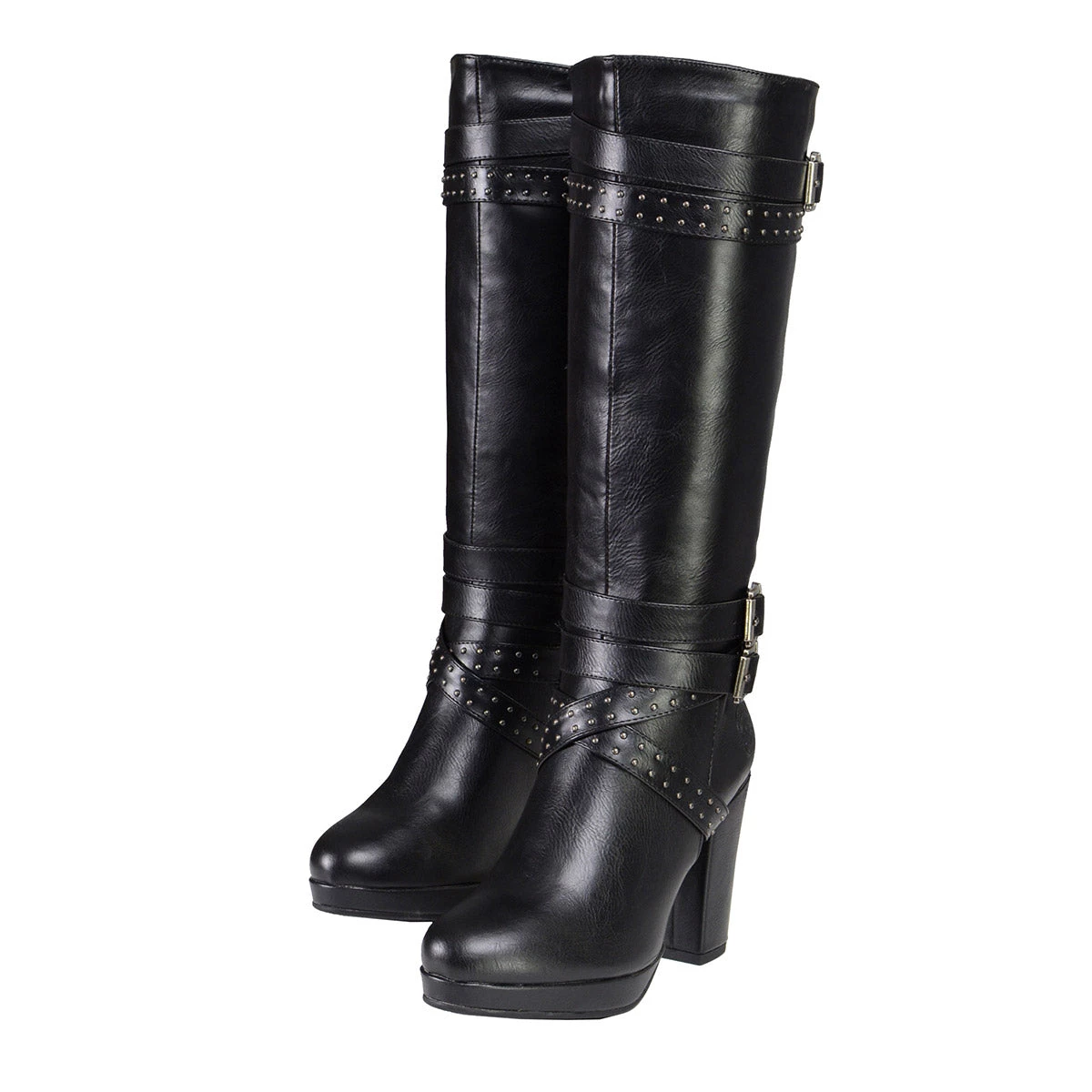 Milwaukee Performance Riding Gear Milwaukee Leather MBL9422 Women's Tall Black Studded Strap Boots With Platform Heel
