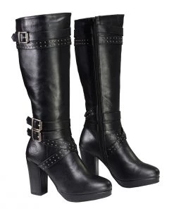 Milwaukee Performance Riding Gear Milwaukee Leather MBL9422 Women's Tall Black Studded Strap Boots With Platform Heel