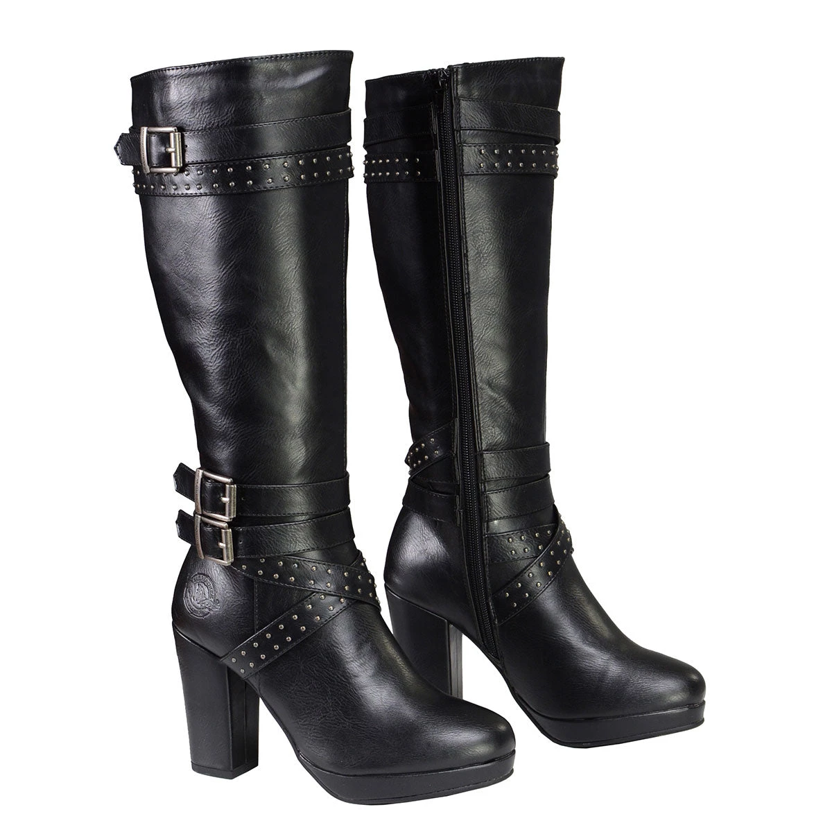 Milwaukee Performance Riding Gear Milwaukee Leather MBL9422 Women's Tall Black Studded Strap Boots With Platform Heel