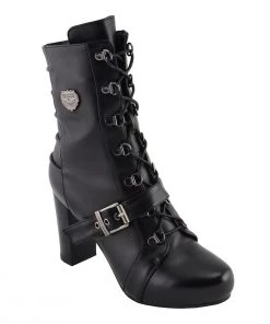 Riding Gear Milwaukee Leather MBL9431 Women's Black Lace-Up Boots With Block Heel And Buckle Strap