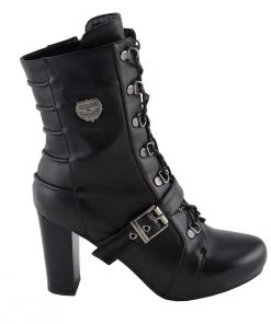 Riding Gear Milwaukee Leather MBL9431 Women's Black Lace-Up Boots With Block Heel And Buckle Strap