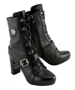 Riding Gear Milwaukee Leather MBL9431 Women's Black Lace-Up Boots With Block Heel And Buckle Strap