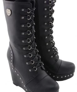 Milwaukee Performance Milwaukee Leather MBL9438 Women's Black Lace-Up Boots With Platform Wedge