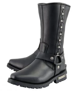 Milwaukee Leather MBM9025 Men's Black Harness Boots With Braid And Riveted Details Riding Gear