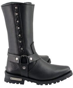 Milwaukee Leather MBM9025 Men's Black Harness Boots With Braid And Riveted Details Riding Gear