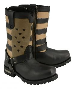 Riding Gear Milwaukee Leather MBM9045 Men's Stars And Stripes Black With Tan Motorcycle Harness Boots