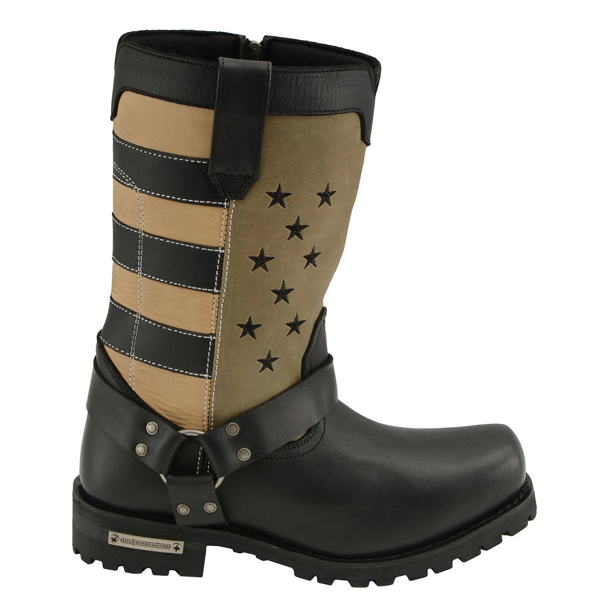 Riding Gear Milwaukee Leather MBM9045 Men's Stars And Stripes Black With Tan Motorcycle Harness Boots