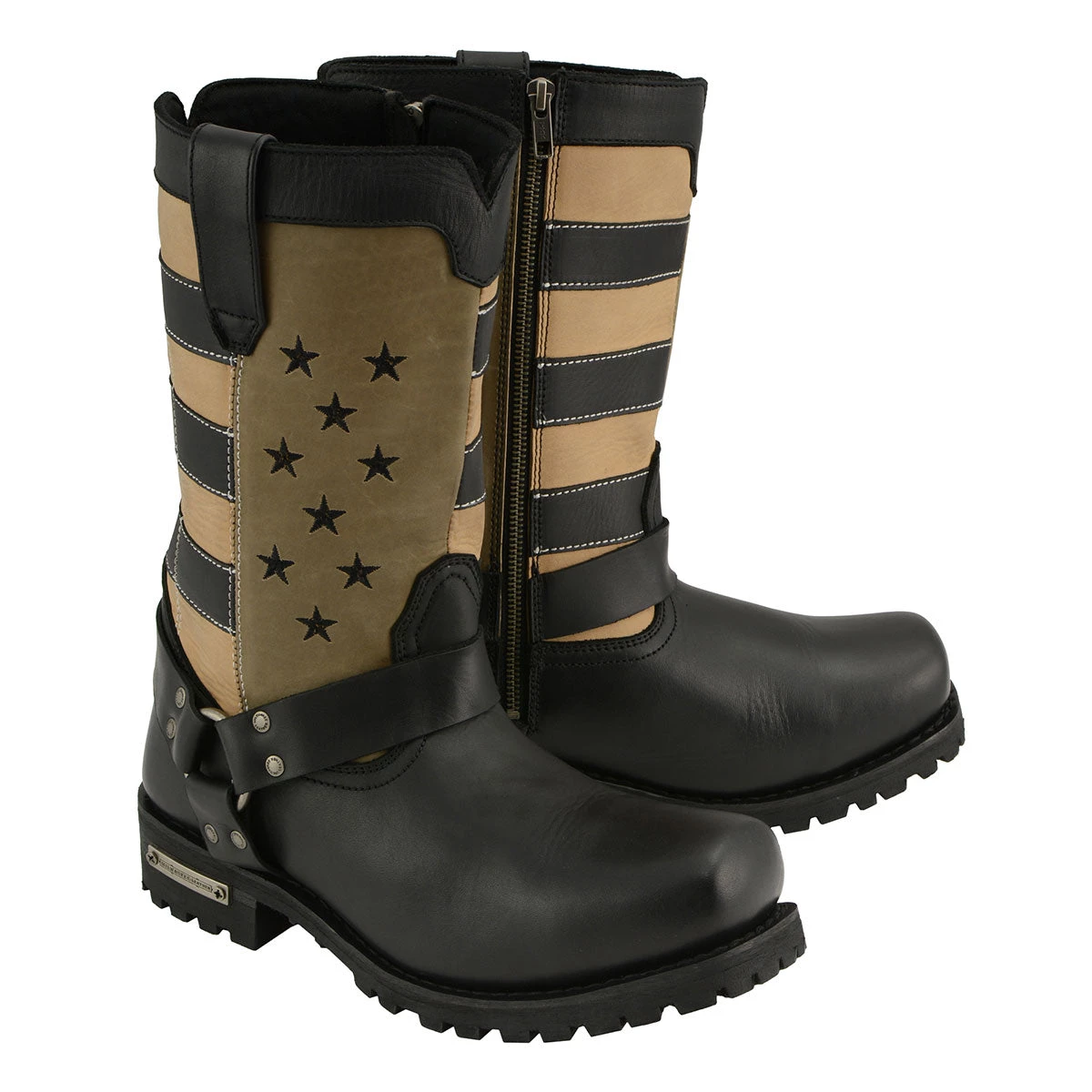 Riding Gear Milwaukee Leather MBM9045 Men's Stars And Stripes Black With Tan Motorcycle Harness Boots