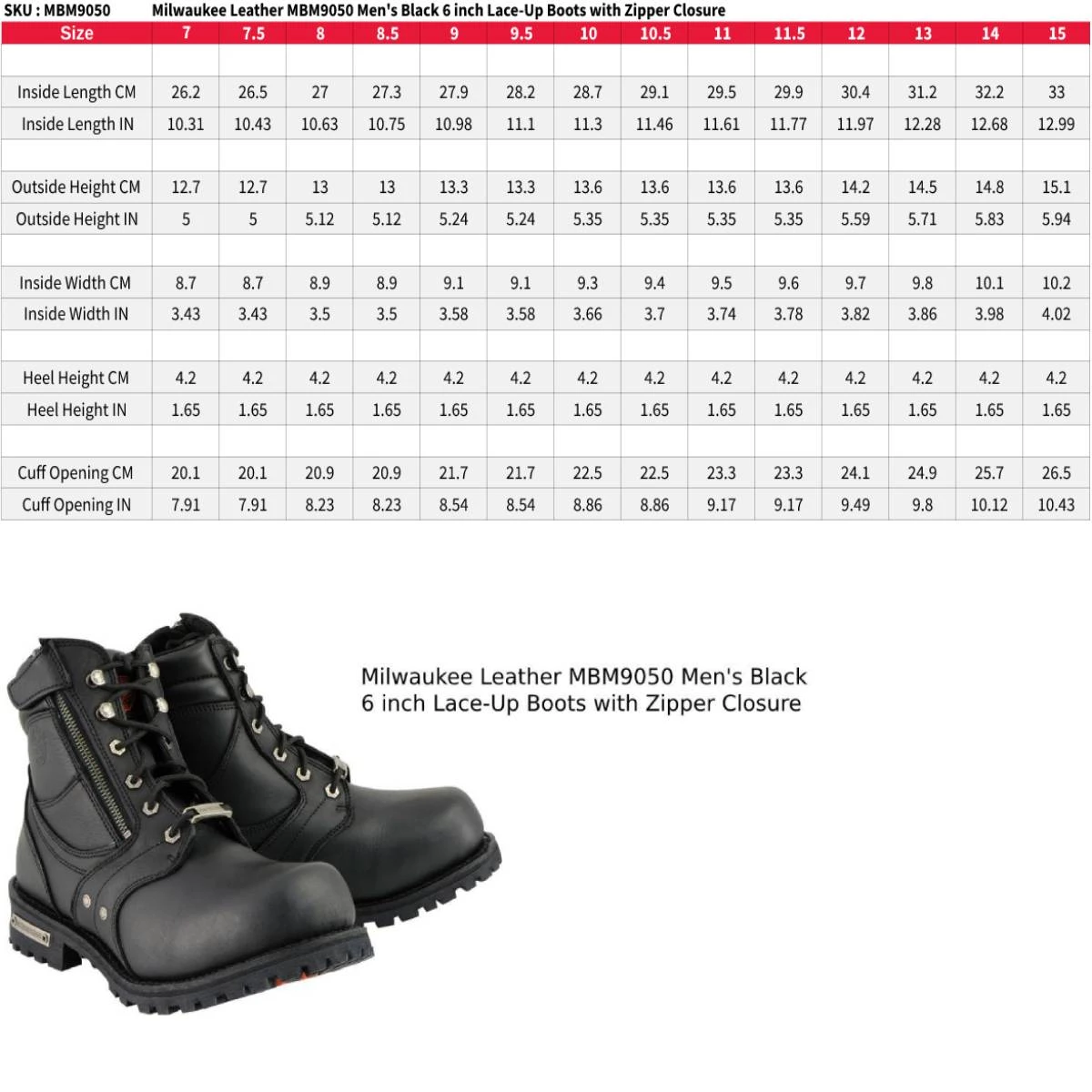 Milwaukee Leather MBM9050 Men's Black 6 Inch Lace-Up Boots With Zipper Closure Riding Gear