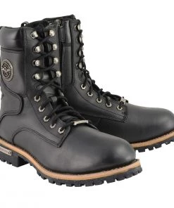 Milwaukee Leather MBM9095W Men's Classic Black ‘Wide Width’ Lace-Up Logger Boots With Side Zipper