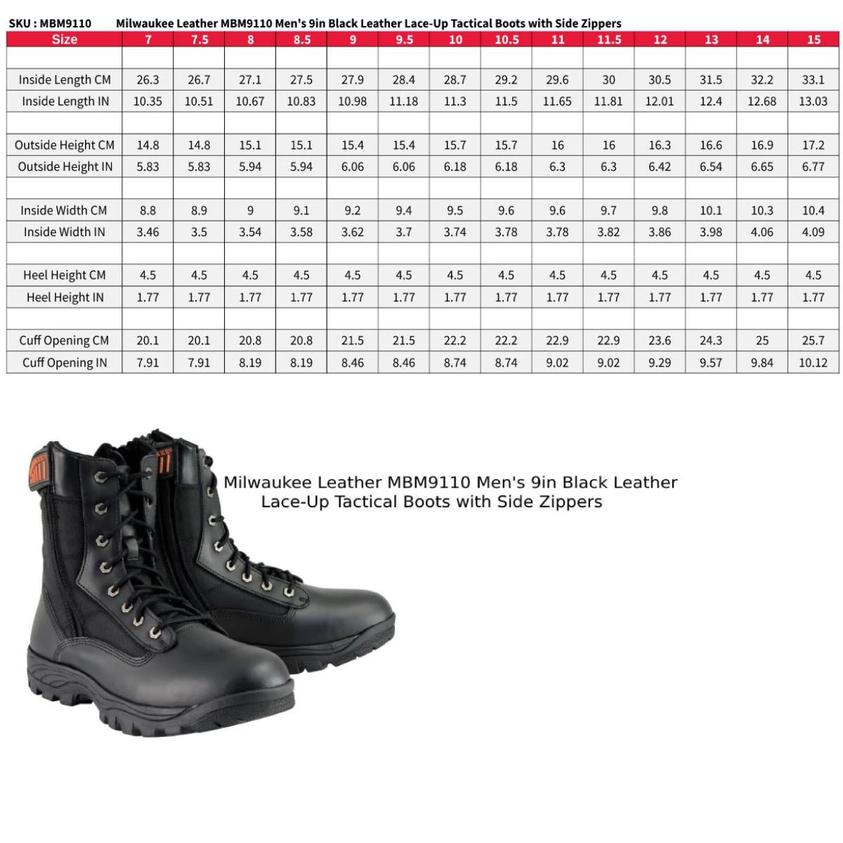 Milwaukee Performance Milwaukee Leather MBM9110 Men's 9in Black Leather Lace-Up Tactical Boots With Side Zippers Riding Gear