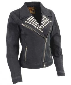 Motorcycle Jackets Milwaukee Leather MDL2000 Ladies Black Denim Jacket With Studded Spikes