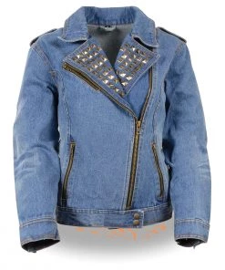 Milwaukee Leather MDL2000 Women's Blue Denim Jacket With Studded Spikes Motorcycle Jackets